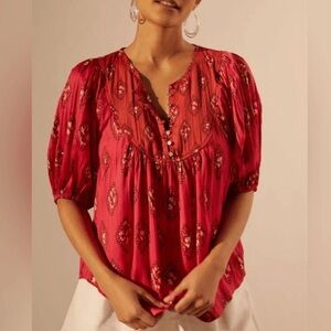 Anthropologie Pleated Ikat Pink Patterned Women's Top Medium